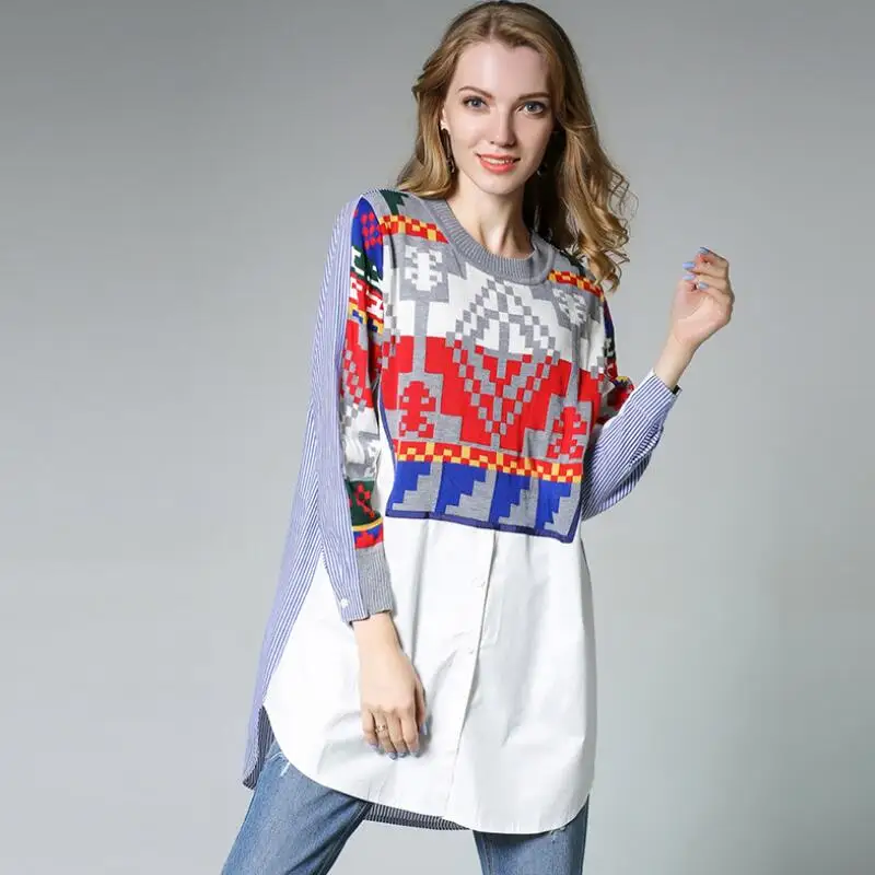 Womens Tops And Blouses Plus Size Spring New Style Fashion Casual Knit Color Stitching Long Sleeve Shirt |