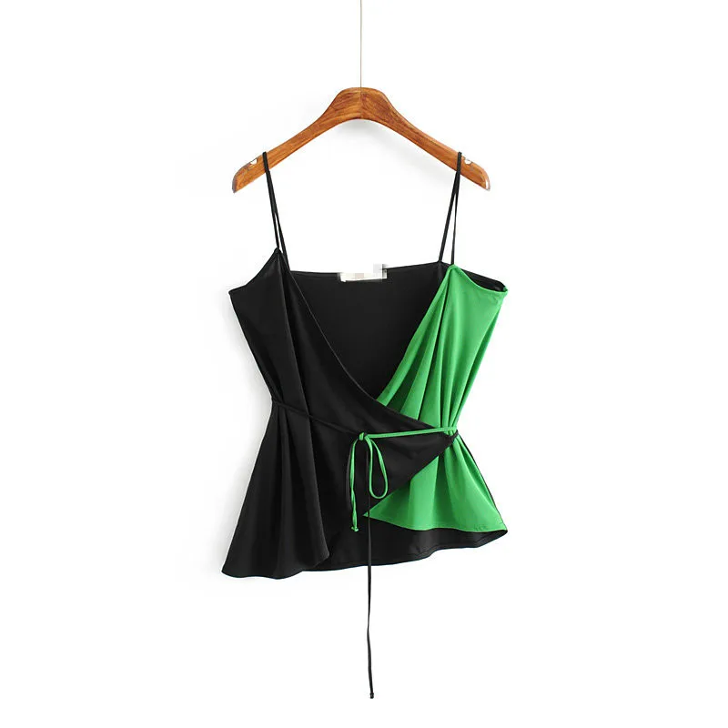 

Boutique Women Strap Camis Soft Material Patchwork Sexy Deep V-neck Night Club Party Tank Top Sashes Elegant Camisole Crop Tops