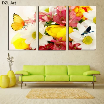 

3 Piece Colorful Flowers and Butterfly Modern Wall Picture Home Decor HD Art Print Painting On Canvas For Living Room Unframed