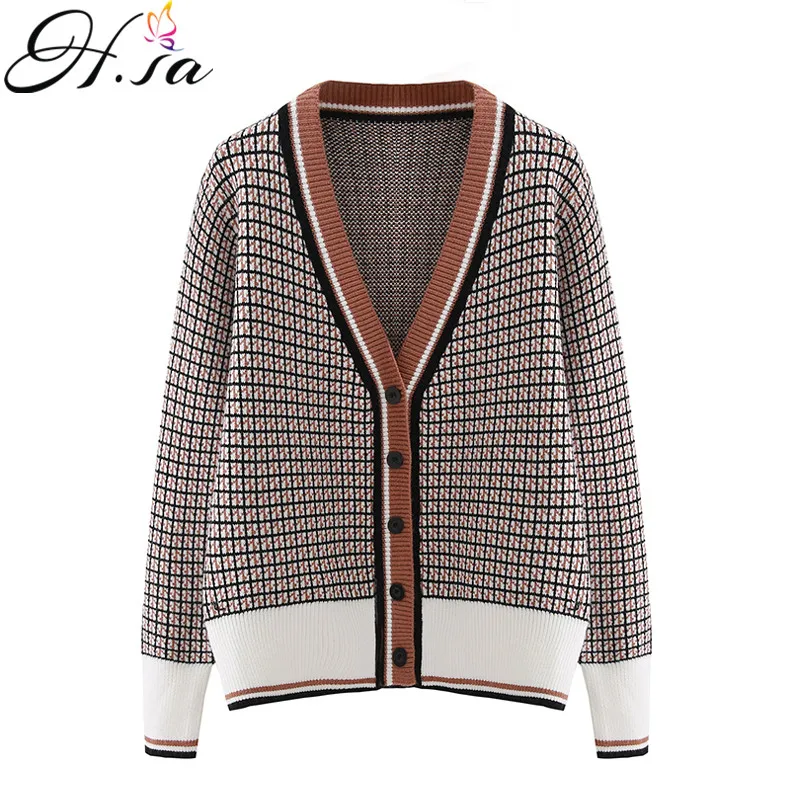 

H.SA Women Sweater Cardigans Single Breated Officewar Jumpers Patchwork Plaid Sweater Poncho Elegant Cardigans sueter mujer