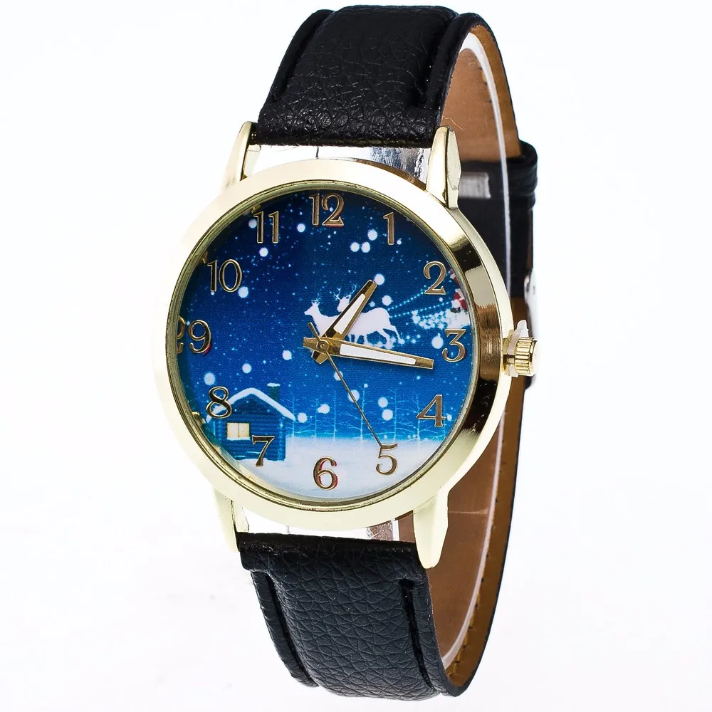 

Relogio feminino Fashion Christmas Pattern Leather Clock Women's Watches Table Quartz watch Ladies Fast shipping #0831