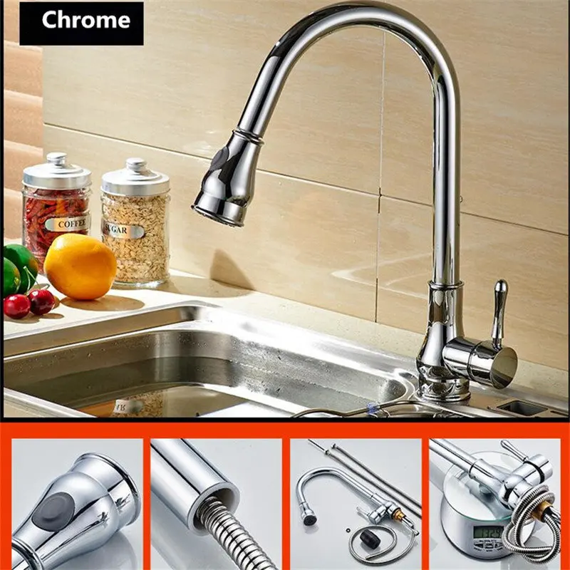 Kitchen Sink Faucets Total Brass Pull Out/Down Mixer Taps Single Handle Hot & Cold Chrome/Black Rotating Kitchen Crane Faucets Kitchen Sink Faucets Total Brass Pull Out/Down Mixer Taps Single Handle Hot & Cold Chrome/Black Rotating Kitchen Crane Faucets