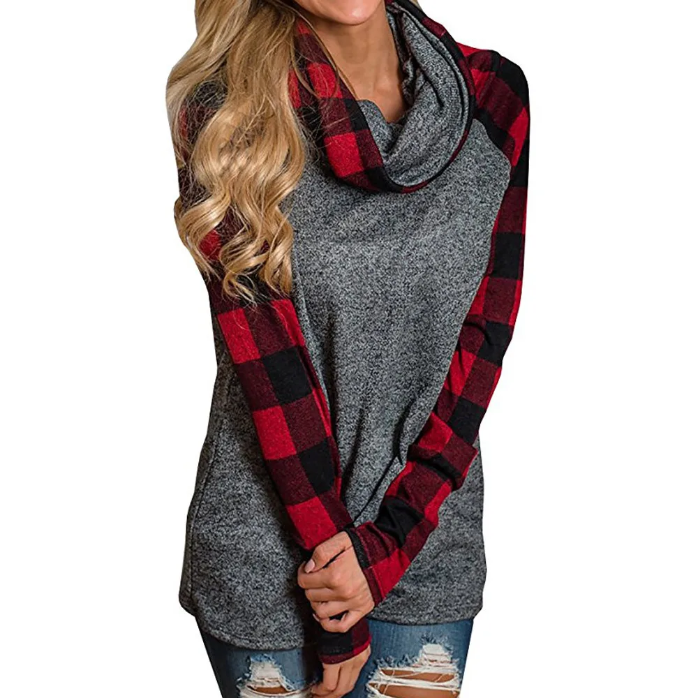 

Womens Turtleneck Tops Plaid Shirts Tunic Long Sleeve Pullover sweatshirt hoodie womens shirts long sleeve 2018
