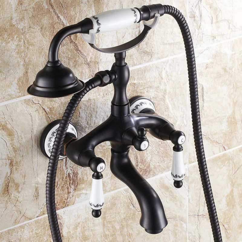 

Bathroom Wall Mounted Tub Mixer Faucet Oil Rubbed Bronze Swivel Spout Tap with Hand Shower