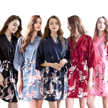 

BZEL Women's Silk-like Bathrobe Robe Women's Crane Print Female Bathrobe Sleepwear Ladies Sexy Robe For Wedding Drop Shipping