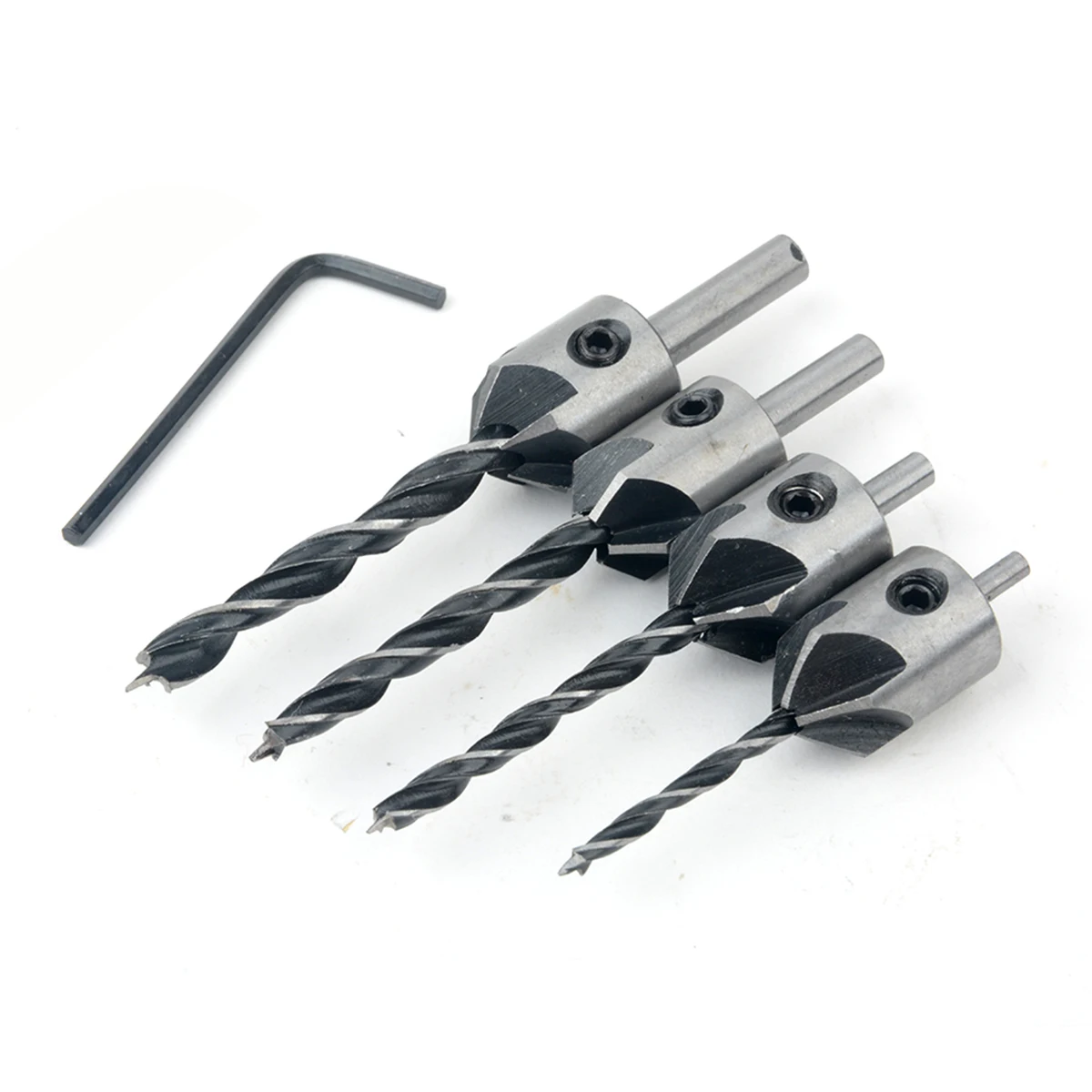 4pcs 5 Flute Countersink Drill Bit Set HSS Screw Woodworking Chamfering Tools 3/4/5/6mm with Wrench