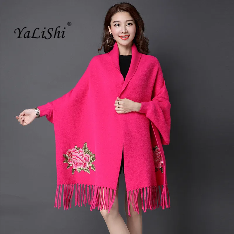 Best Price YaLiShi Embroidery Cloak Sweater Women 2019 New Winter Cardigan Sweater Coat Batwing Sleeves Cashmere Tassels Poncho Swing Scarf