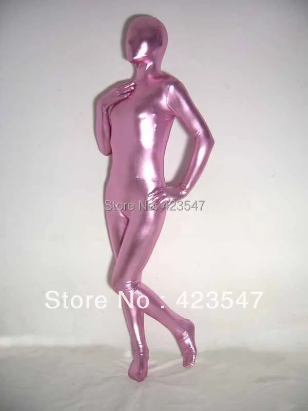 Розовый блестящий металлик унисекс зентай костюм Хэллоуин вечерние костюмы-зентай
