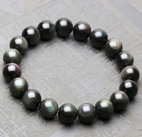 

10mm Natural Black Obsidian Bracelet Crystal Women Men Healing Rainbow Light Stone Charm Stretch Round Beads Fashion Jewelry