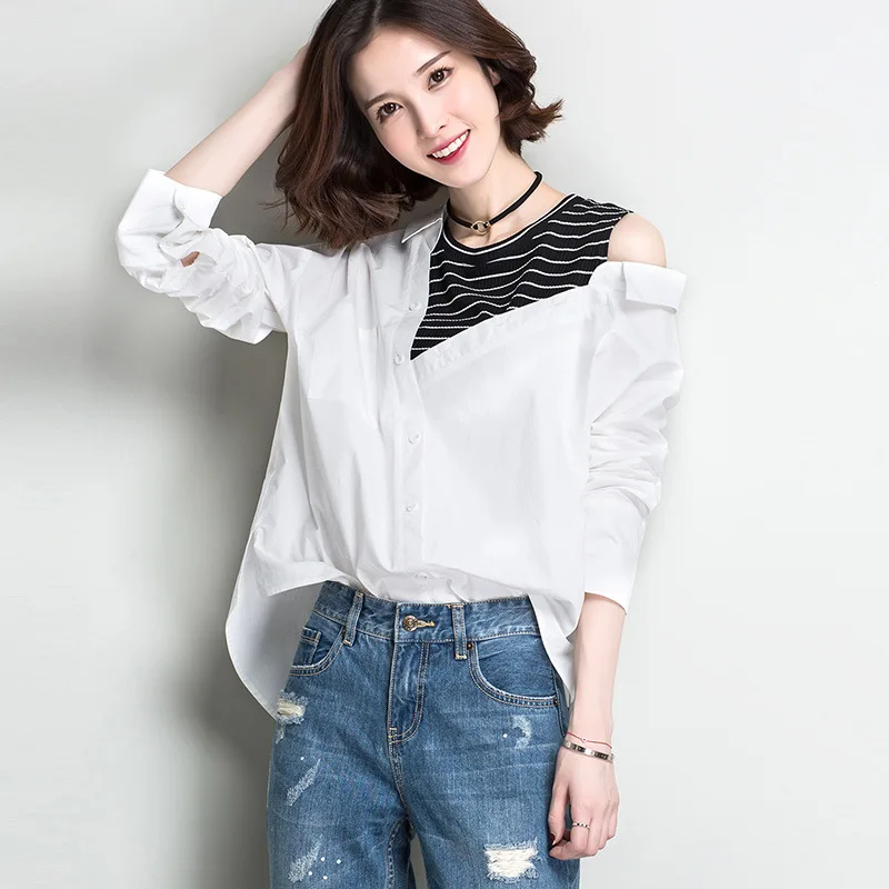 Высокое качество хлопок рубашки лоскутные блузки размера плюс Топы женские винтажные блузки Корейская рубашка в полоску Blusas Весна Bts