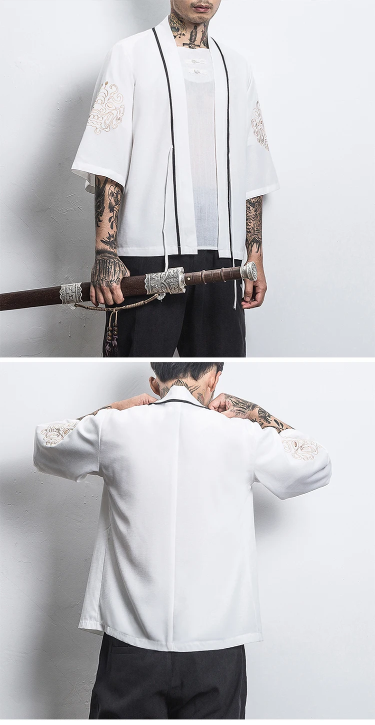 Sinicism магазин мужские рубашки с вышивкой летний открытый кардиган-кимоно рубашки черные белые мужские уличные рубашки 5XL