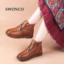 

SWONCO Woman Genuine Leather Winter Boots Retro Handmade Ladies Shoes Ankle Boots For Women Black Heel Mother Shoes Woman Boot
