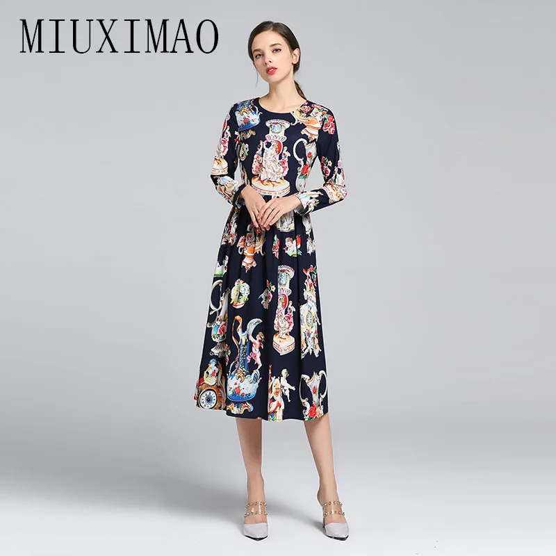 

MIUXIMAO 2023 Spring Dress Vintage O-Neck Full Sleeve Goddess Print A-Line Mid-Calf Elegant Vintage Dress Vestido