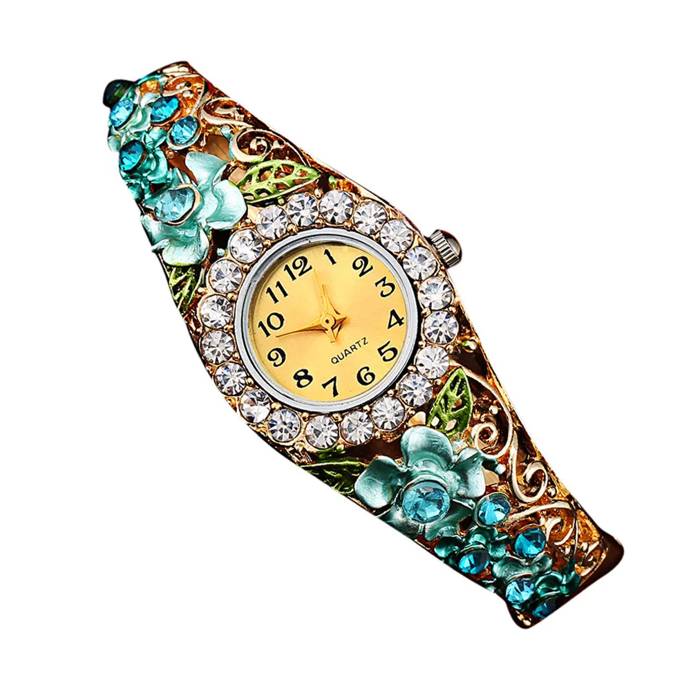 Montre, роскошный браслет с цветами, часы для женщин, сплав, ремешок для часов, кварцевые часы, женское платье, Кристальный циферблат, наручные часы для девушек# Zer - Цвет: Blue