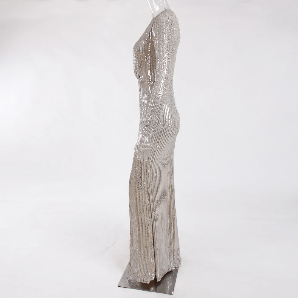 Длинное платье в полоску с v-образным вырезом и блестками; Платье макси с длинными рукавами; вечернее платье; платье с разрезом спереди; эластичное платье
