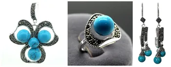 

Hot sell free shipping ~~ Vintage Blue 925 Sterling Silver Marcasite Ring (#7-10) pendant and earrings sets