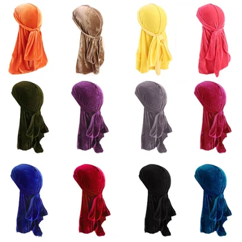 

AWAYTR Solid Velvet Durag Women Men Unisex Breathable Bandana Hat Headband Long Tail Headwrap Chemo Cap Hair Accessories