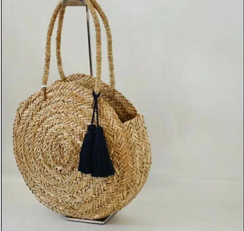 

Vintage Straw Knitted Women Summer Beach Tote Circle Bag Handmade Rattan Woven Round Handbag Designer Women Messenger Bags