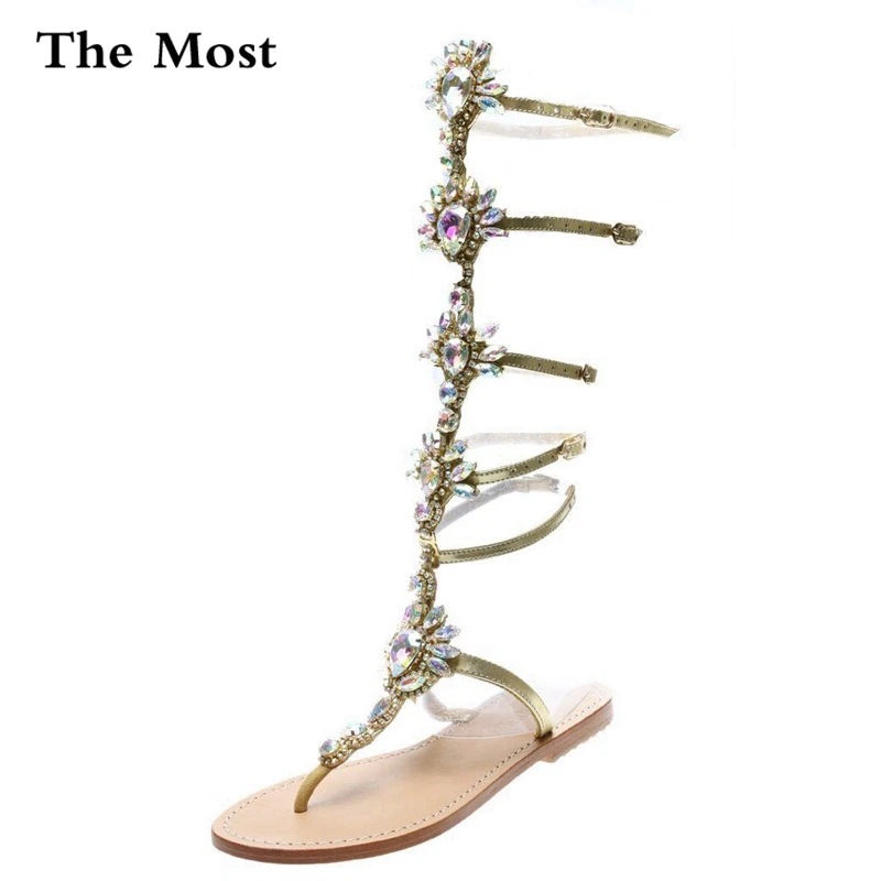 

THEMOST Women Flats Sandals Rome style Gladiator Ankle strap Big size 33-47 Fashion shoes Summer Rhinestone women Flip flops