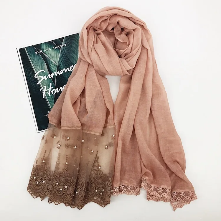 Beautiful Lace Floral Scarf Plain Color Islamic Hijabs Turban Solid Wraps Beads Long Shawl Muslim Women's Headscarf 180x90cm