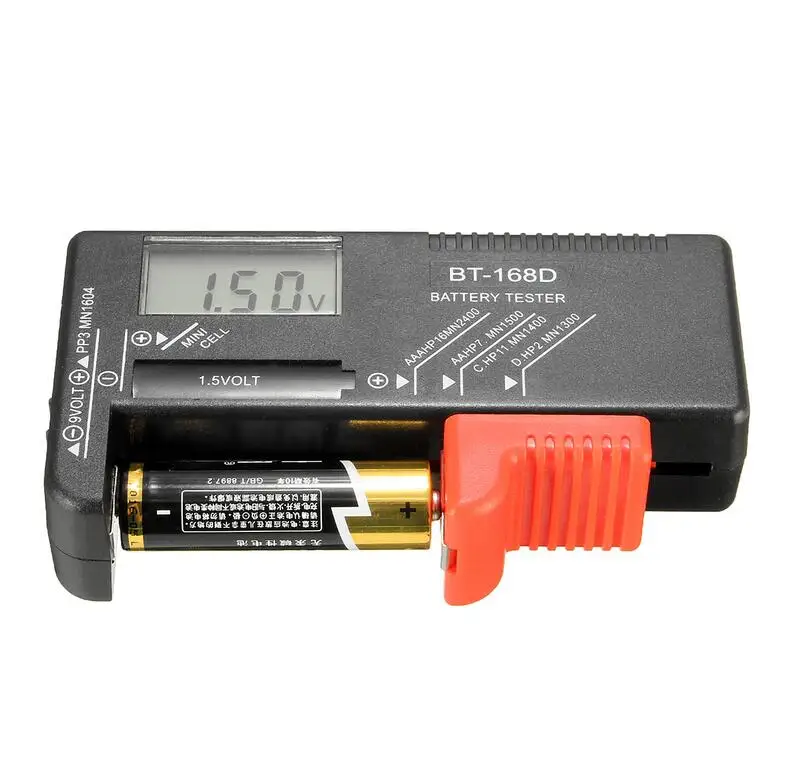 

BT-168D Digital Battery Capacitance Diagnostic Tool Battery Tester LCD Display Volt Checke AA/AAA/C/D/9V/1.5V Button Cell Test