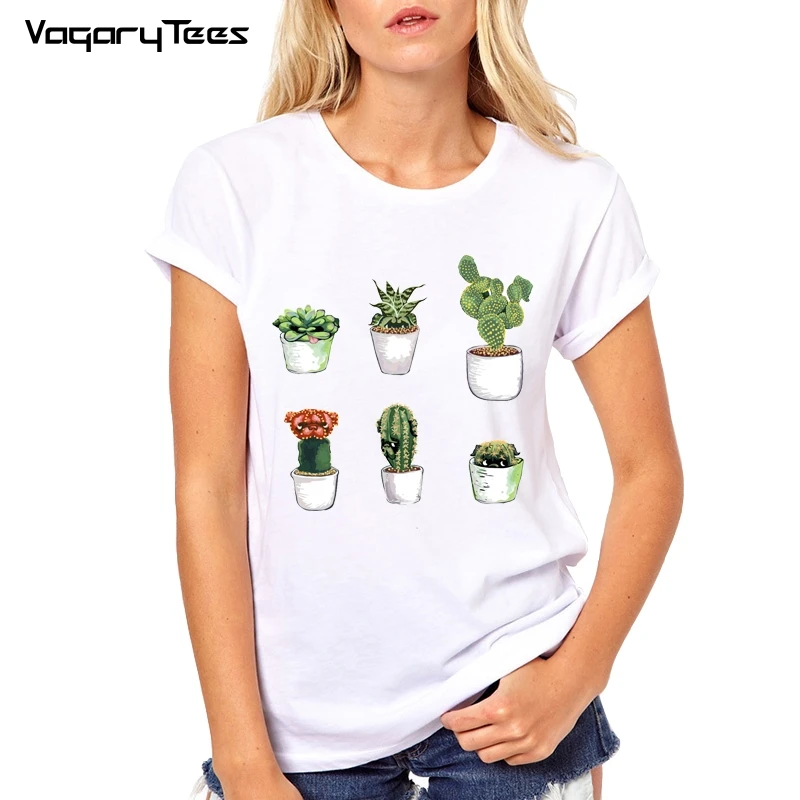 2019 High Quality Streetwear Women T shirt Cacti pug Fusion Print Shirt