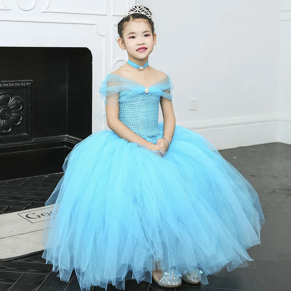 Sparkle Tulle Tutu Princess Cinderella Blue Dress Elegant Sleeveless Froze Elsa Cosplay Birthday Dress Vestido Baby Kids Clothes (2)
