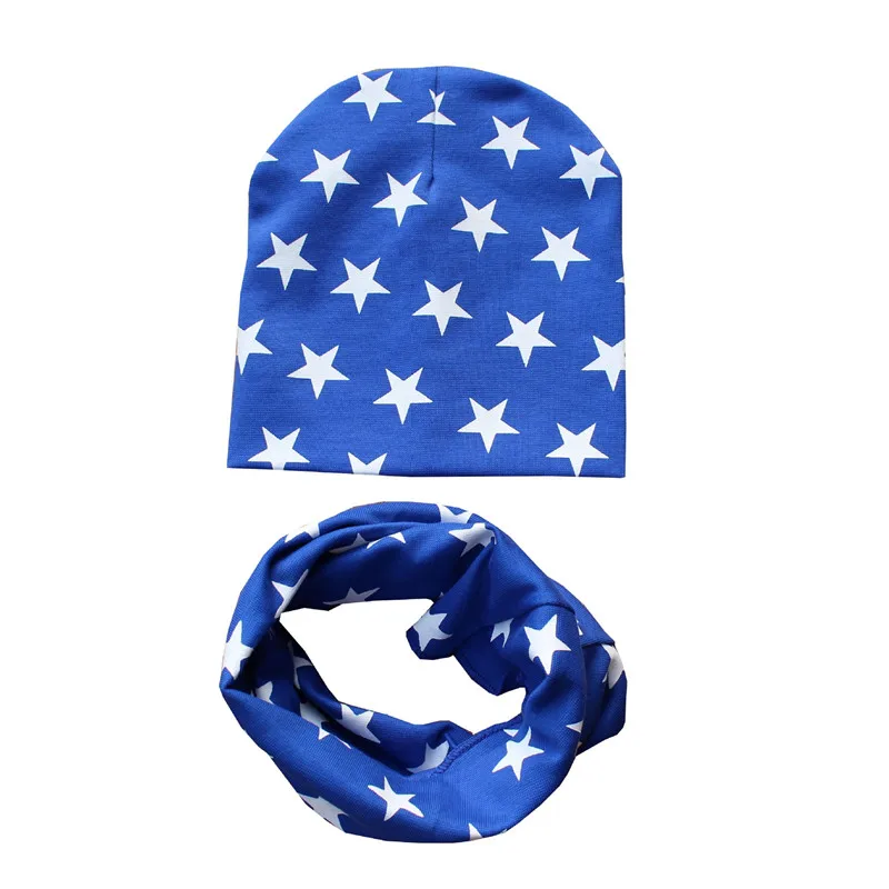 blue stars Г. Весенний Детский комплект с шапкой, осенне-зимний шарф с воротником для мальчиков и девочек, теплый шейный платок, детские вязаные шапки, комплекты хлопковая детская шапка, шарф - Цвет: blue stars
