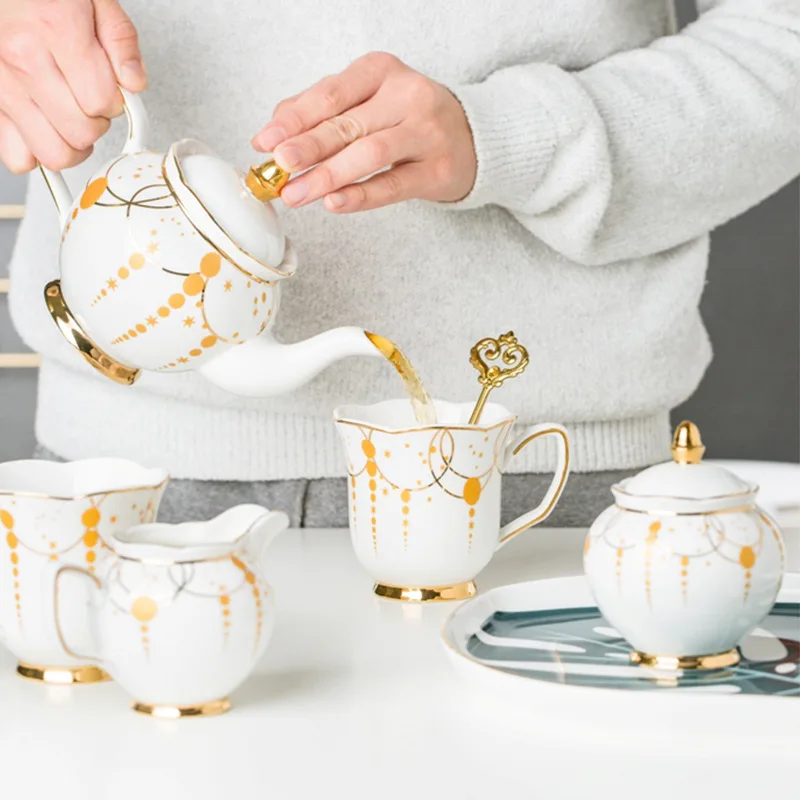 

1pc Nordic Luxury Glod Point Porcelain Teapot Coffee Cup and Saucer Sugar Pot Milk Jug Set Tea Tray Wedding Gift