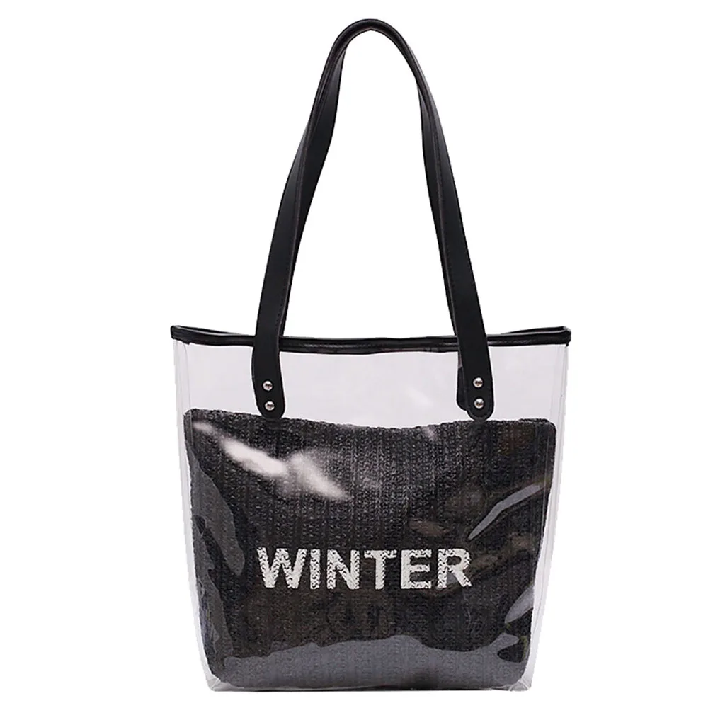 

Xiniu Women's Summer Wild Transparent Bag Letter Straw Bag Large Capacity Tote Bag Trendy luxury Bolsa de ombro das mulheres#30