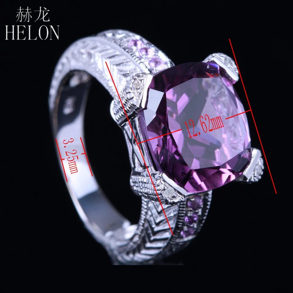 HELON Solid 10 K белое золото 12 мм Подушка безупречная 6.15ct натуральный аметист бриллианты кольцо для женщин вечерние старинные ювелирные украшения