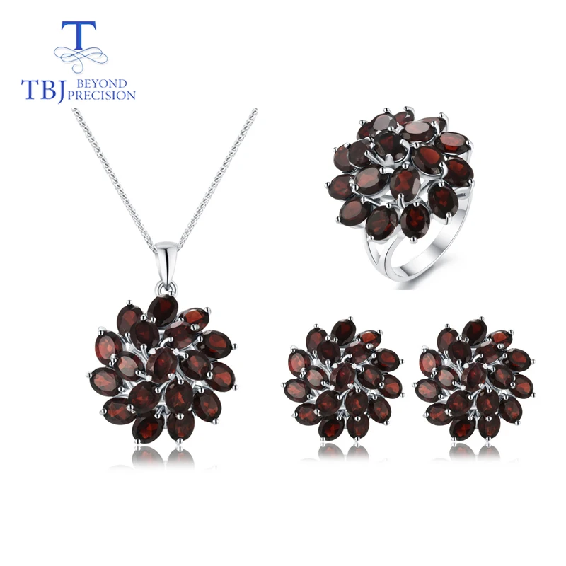 

TBJ,natural mozambique garnet gemstone jewelry set 925 sterling silver nice flower design pendant earring and ring for women