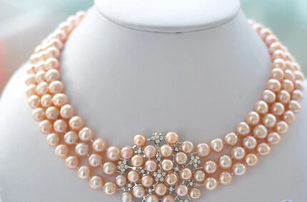 

FREE SHIPPING>>>@@ AS33160 3row 8-9mm round pink Freshwater cultured pearl flower necklace