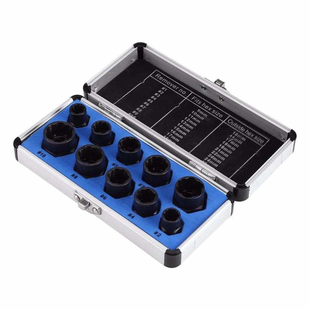 

10Pcs/Set Damaged Bolt Nut Screw Remover Extractor Removal Set Nut Removal Socket Threading Hand Tools Kit With Box Hot Sale