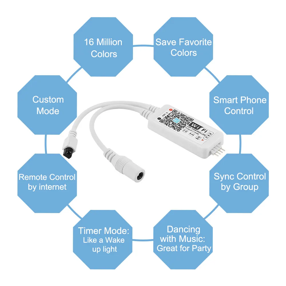 Светодиодная лента 5050 RGB с управлением через Wi-Fi, водонепроницаемая светодиодная лента DBF с мини-управлением RGB Wi-Fi+ блок питания 12 В+ пульт дистанционного управления 24 клавишами