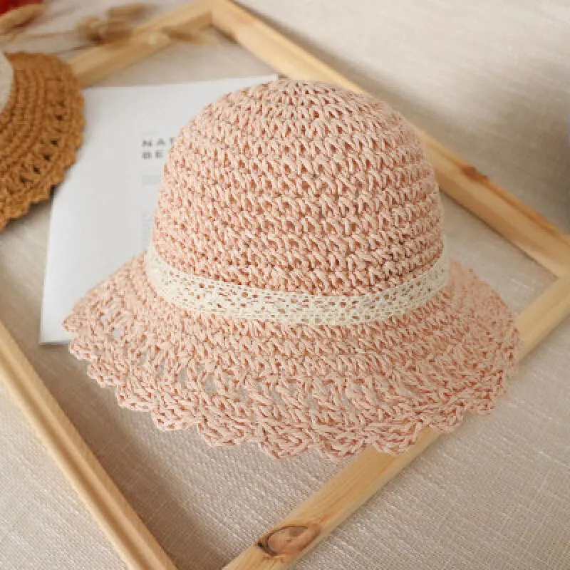 Ручной-тканевая, соломенная шляпа летняя Солнцезащитная пленка пляжный козырек Защита от ультрафиолетовых лучей складная шляпа от солнца; Симпатичная шапочка для малышей - Цвет: Pink