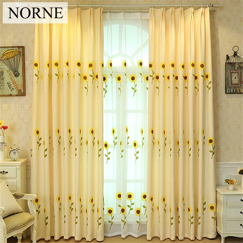 NORNE Modern Embroidered Sunflower Window Treatment Curtain Drapes for