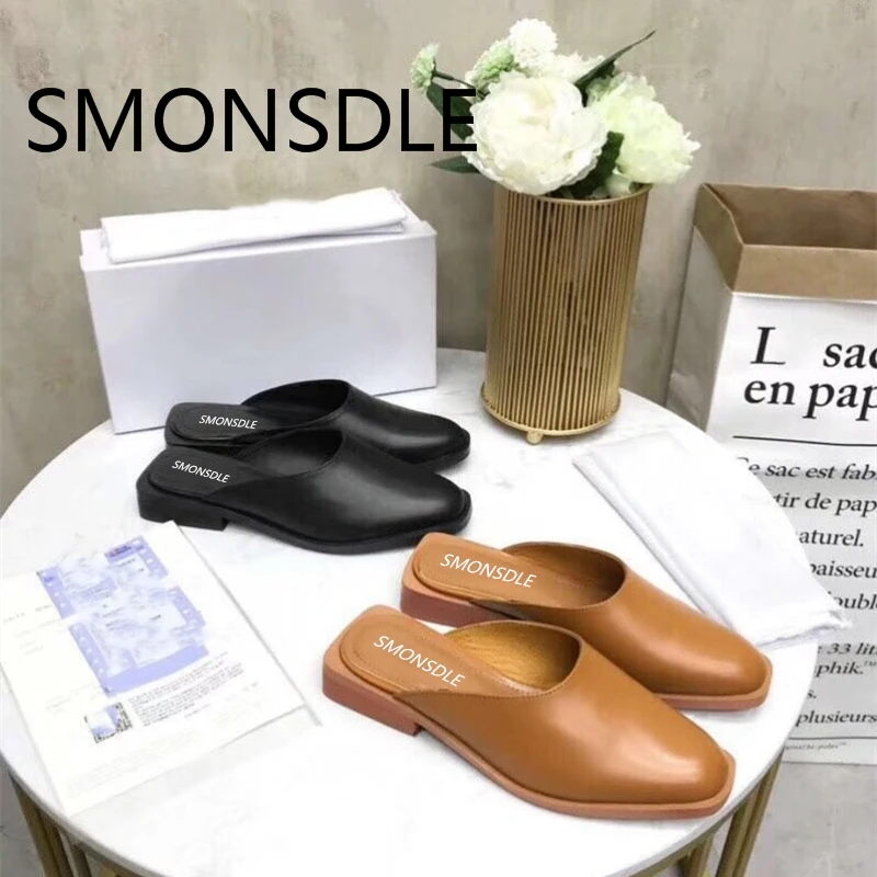

2018 Casual Summer Women Slippers Comfortable Thick Low Heel Women Shoes Square Toe Mules Shoes Genuine Leather Shoes Woman