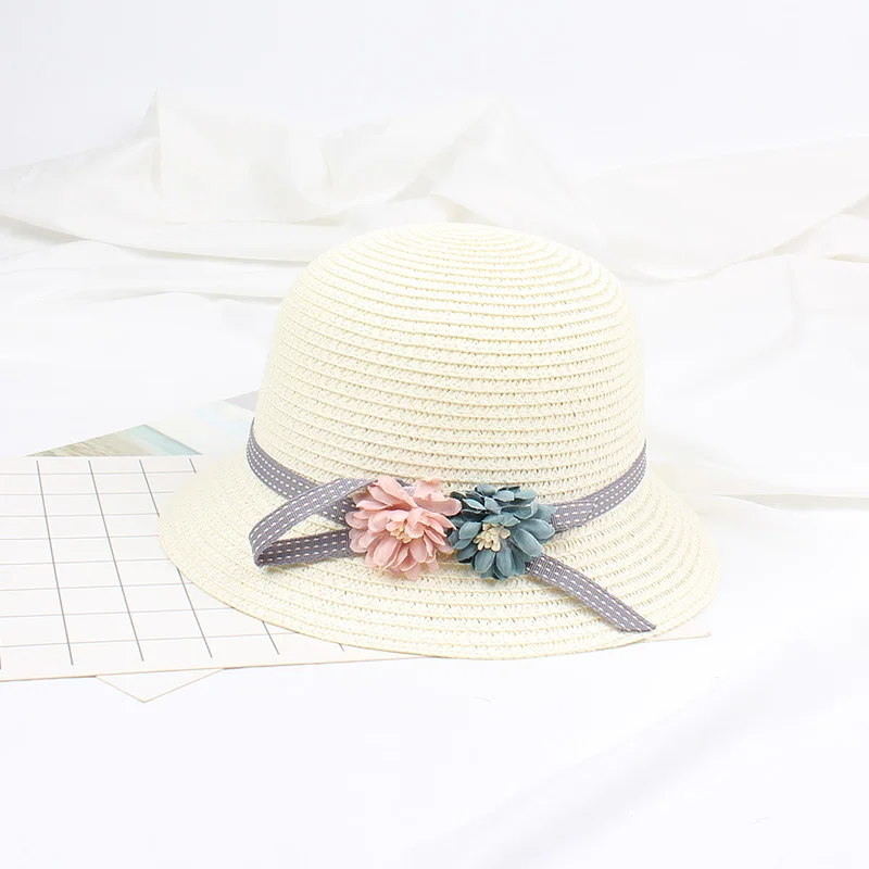 Высококачественные соломенные шляпы для мальчиков и девочек, летние солнцезащитные шляпы с цветами для детей, детские пляжные шляпы, складные солнцезащитные кепки - Color: White