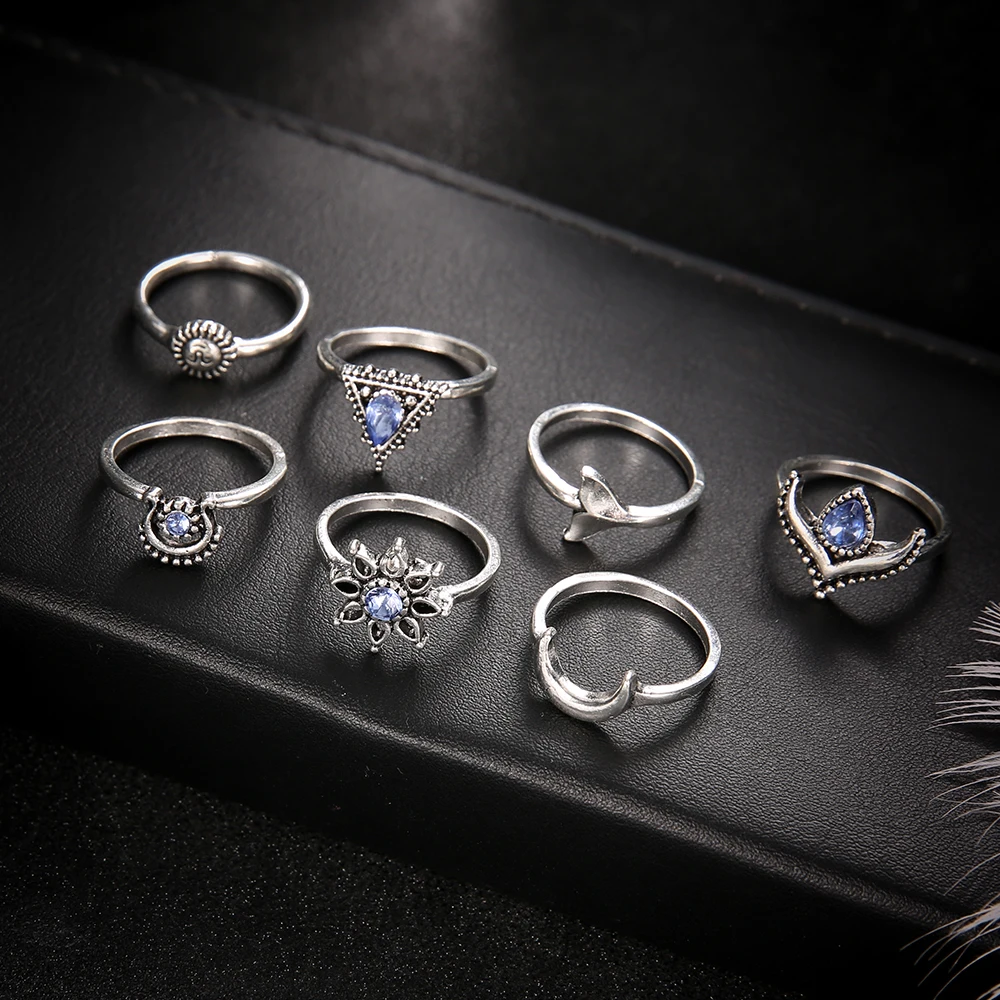 5 PCS/Set Bohemia Sun Moon Lotus Crown Rings Sets Flower Mermaid RhineStone Antique Silver Knuckle Rings for Women Jewelry