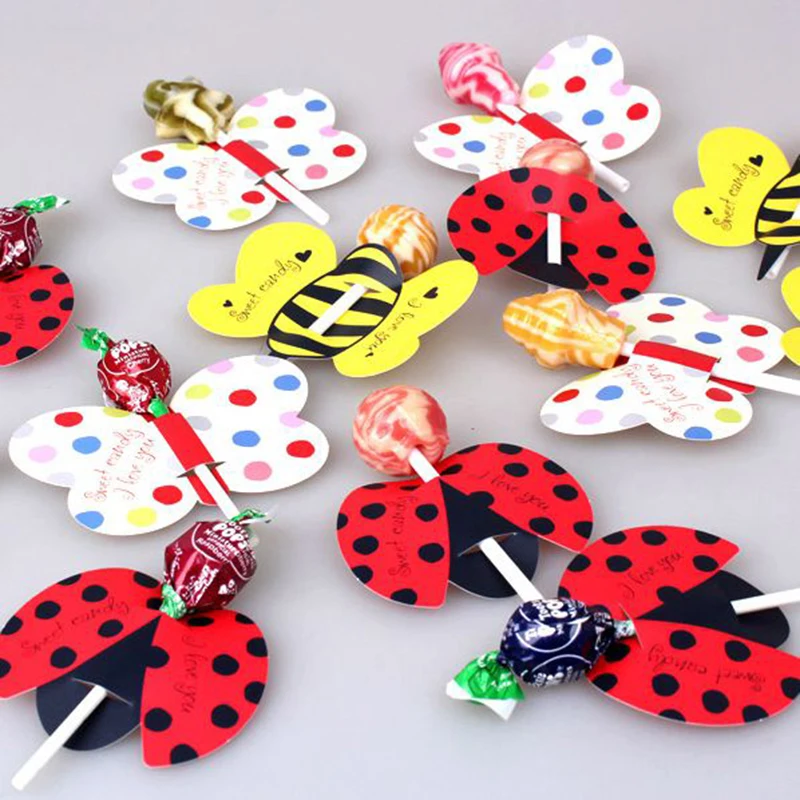 

50Pcs/lot Cute Insect Bees Ladybug Butterfly Lollipop Decoration Card Birthday Party Wedding Decor Candy Stick Gifts For Kids