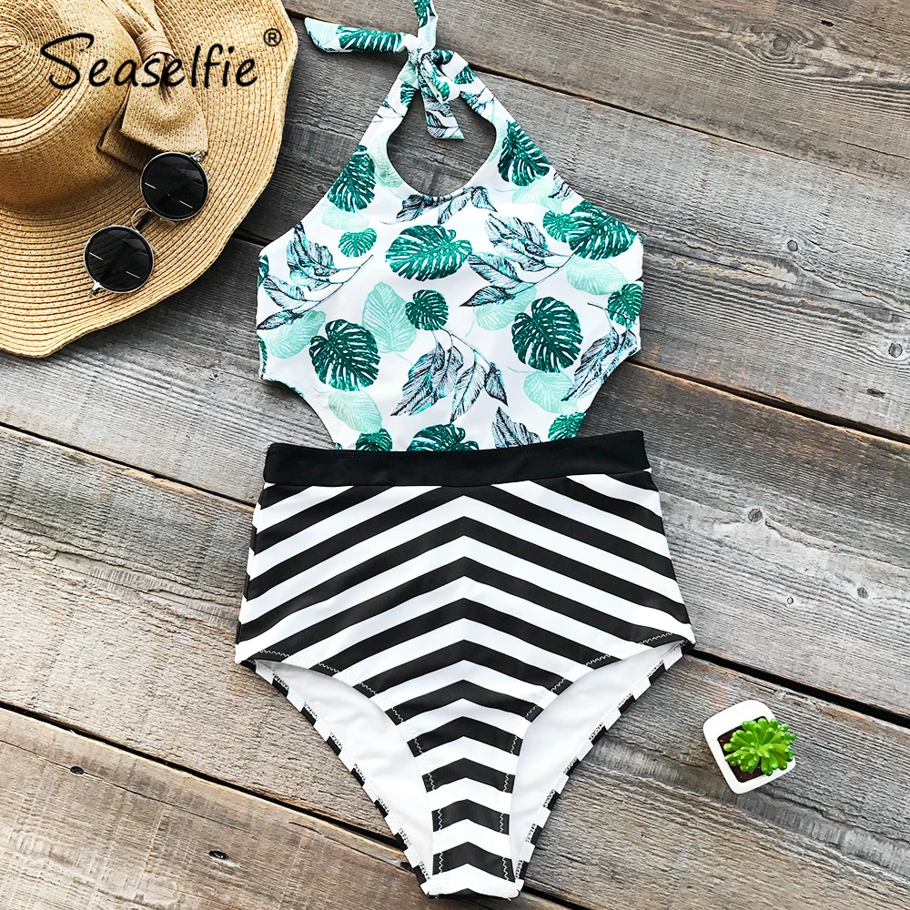 

SEASELFIE Leave Stripe Print Halter One-piece Swimsuit Women Sexy Push Up Cutout Monokini Swimwear 2019 Girl Beach Bathing Suits