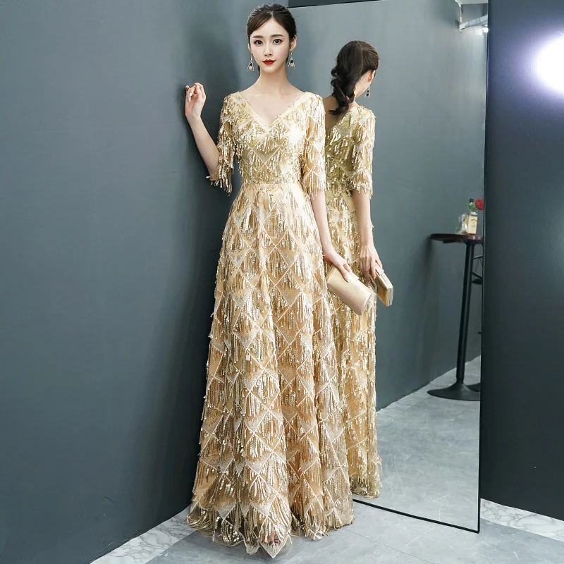 

Short Sleeve Beaded Sequin Satin Embroidered Gold Champagne Luxury Formal Women Elegant Sexy Long Summer Dress Party Dress