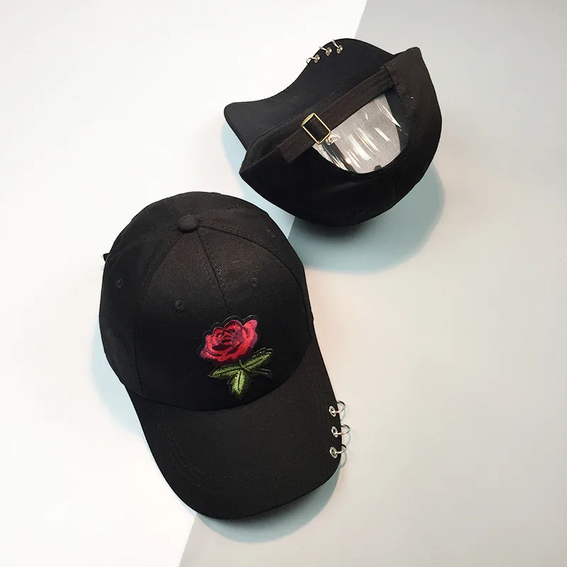 Fashion Rose Baseball Cap Iron Ring Snapback Caps For Women chapeau femme Hip Hop Cap Lady Vogue Sun Hats Adjustable 3Colors