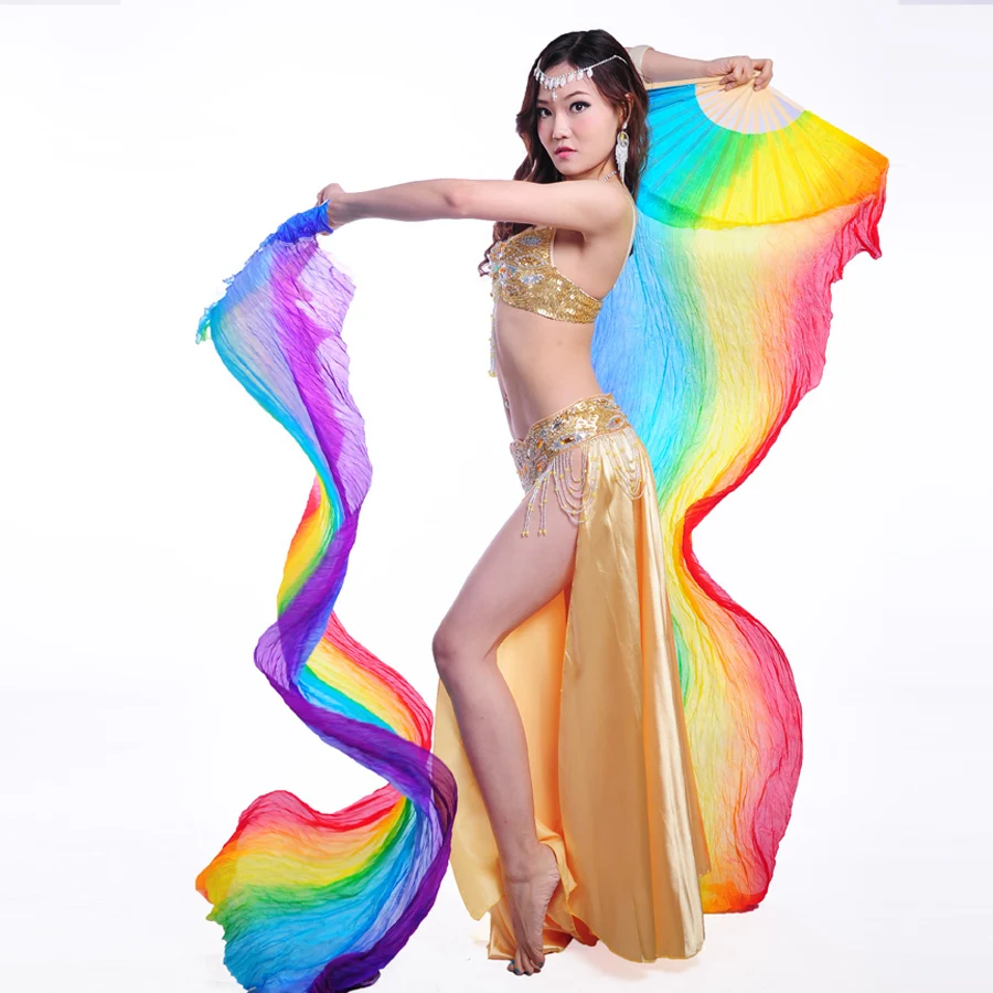 

High Quality 100% Silk Stage Performance Props 1 Pair Dancing Silk Bamboo 200cm Long Silk Veils Fan Belly Dance Rainbow