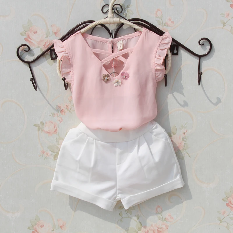 Новая летняя коллекция года, детская блузка однотонные шифоновые рубашки без рукавов для девочек одежда с цветочным поясом для девочек-подростков ростом от 90 до 170 см