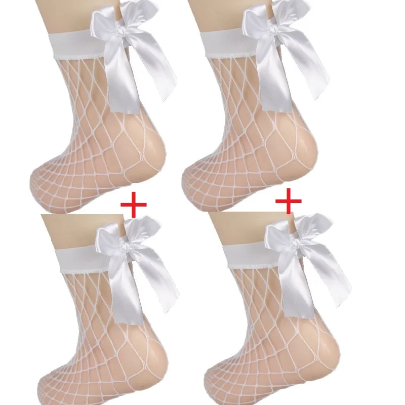 2 Pairs Chic Women's Harajuku Breathable White Bow knot Fishnet Socks.Sexy Hollow out Mesh Nets Socks Ladies Girl's Lolita Style Bow Sox8