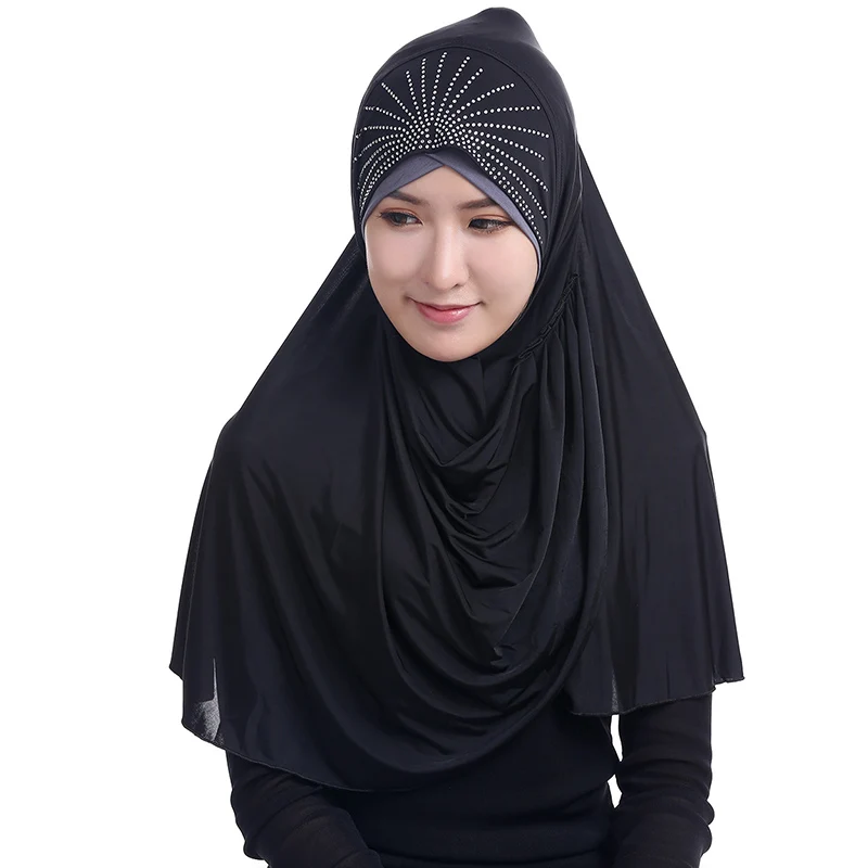 

Women Fashion Muslim Scarf Diamonds Patchwork Hijab Caps Turkish Islamic Hijab Foulard Islamique
