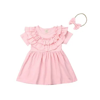 

Lovely Kids Baby Girl Ruffles Solid Pink Cotton Dress Princess Girls Birthday Party Holiday Dresses Headband 2PCS Sundress