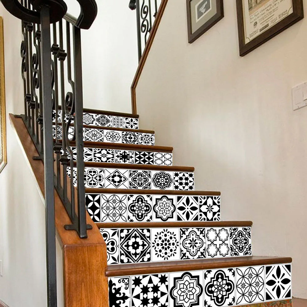 

6PCS White Black Tiles Stairs Stickers Home Decal Staircase Stair Floor Sticker DIY Wall Floor Decal Stair Decal Decoration